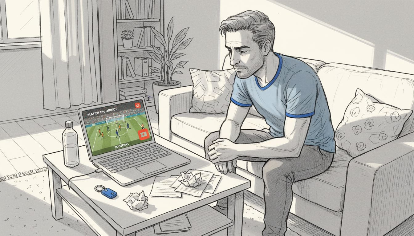 Un homme suit un match à la télé tout en plaçant des paris sur son équipe favorite.