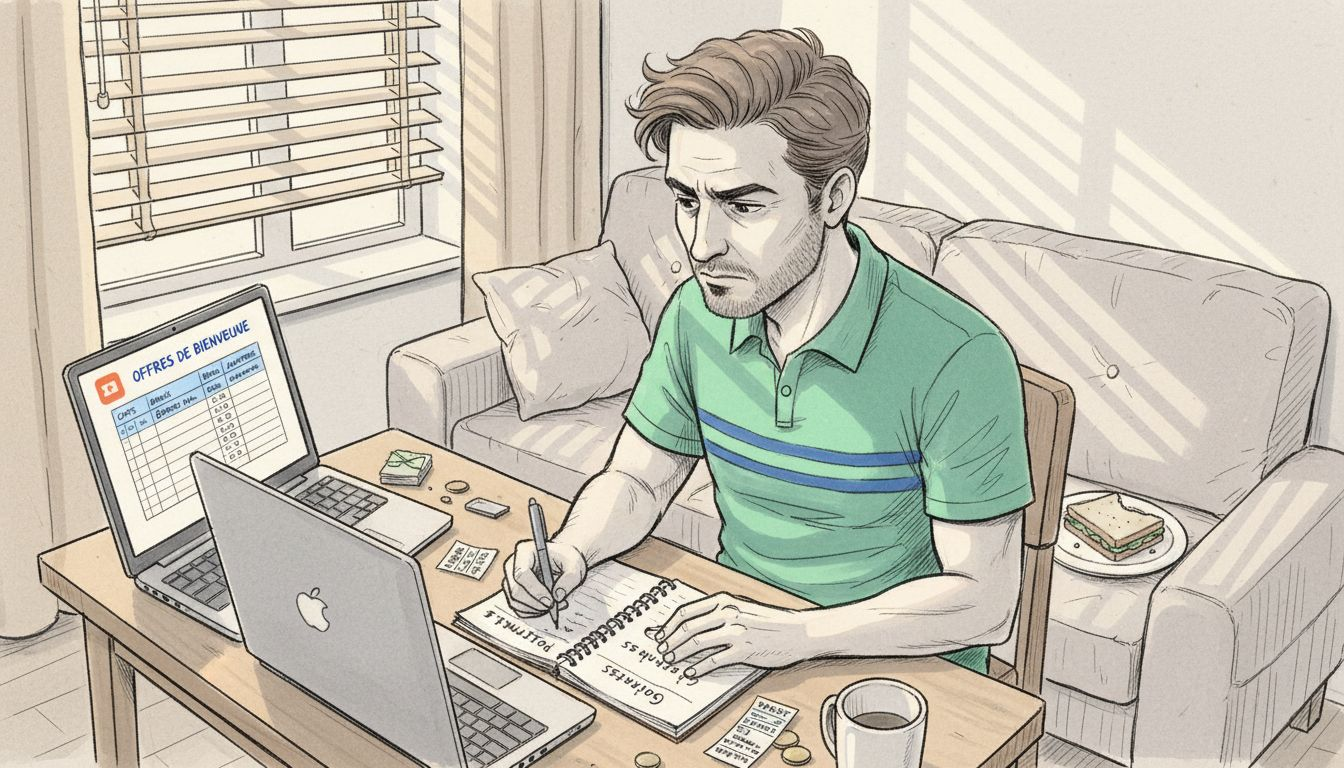 Installé à son bureau, un homme compare tranquillement les différentes offres de bonus en ligne pour trouver la plus avantageuse.