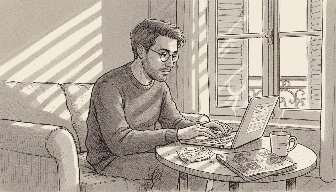 Un passionné de paris sportifs qui analyse les cotes depuis son ordinateur, confortablement installé chez lui.