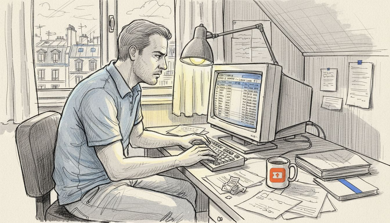 Un homme analyse ses paris sportifs depuis son bureau en fin de journée.