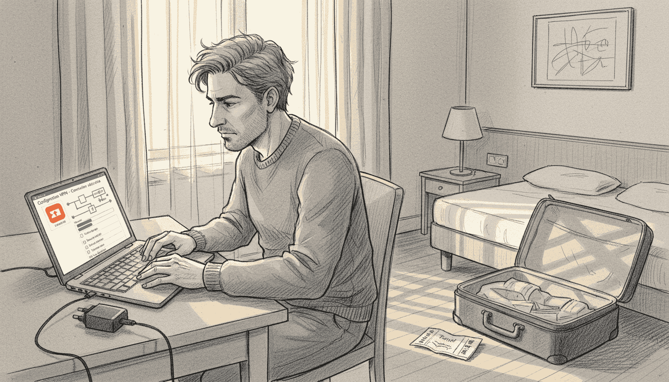 Un homme en déplacement configure un VPN sur son ordinateur portable.