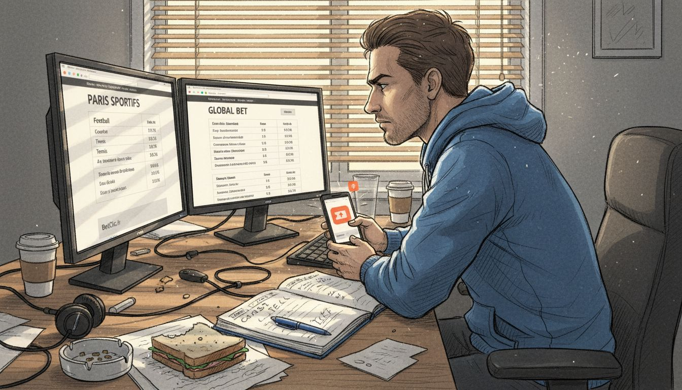 Un homme analyse et compare les cotes de paris sur deux écrans, cherchant la meilleure opportunité pour miser.