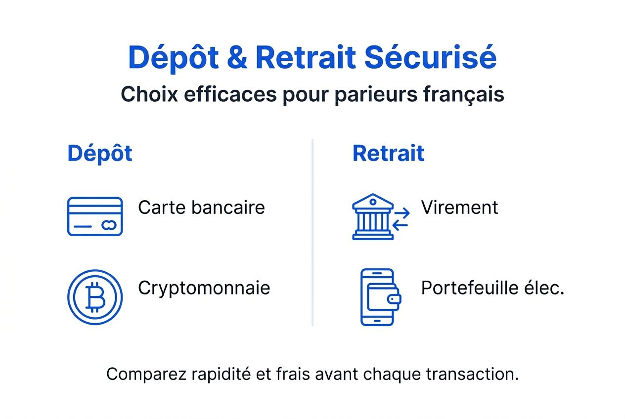Tout ce qu’il faut savoir sur les méthodes de dépôt et de retrait chez les bookmakers internationaux, présenté en infographie.