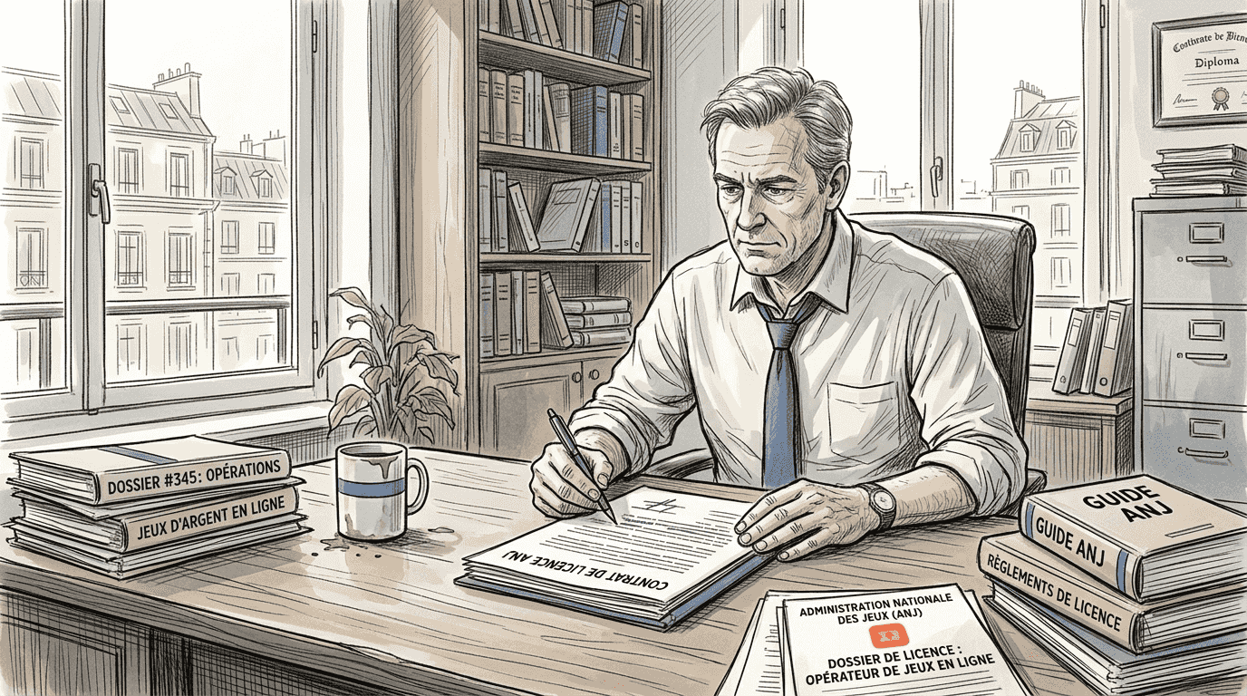 Un avocat examine attentivement un dossier de l’ANJ installé à son bureau.