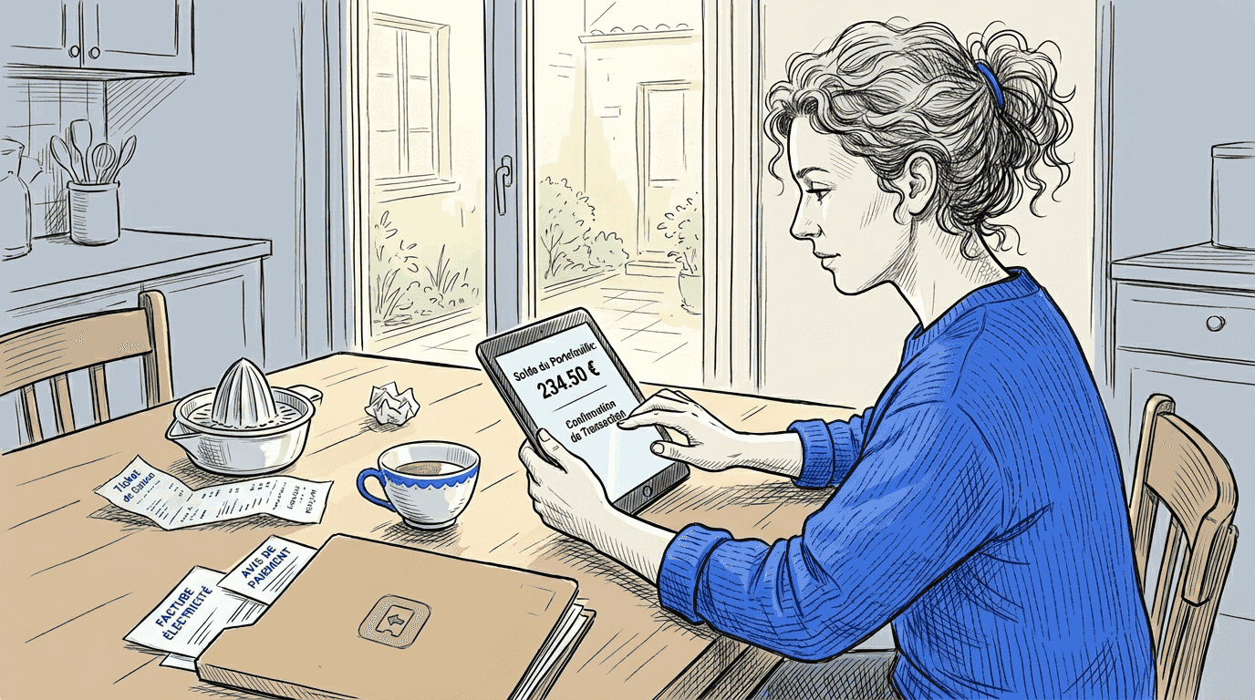Une femme gère ses finances depuis son portefeuille numérique.