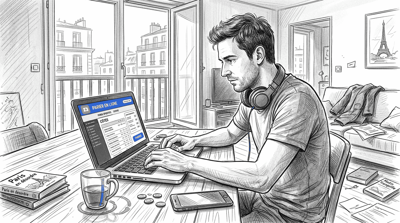 Un homme installé dans son appartement en ville, en train de miser sur des sites de paris en ligne.