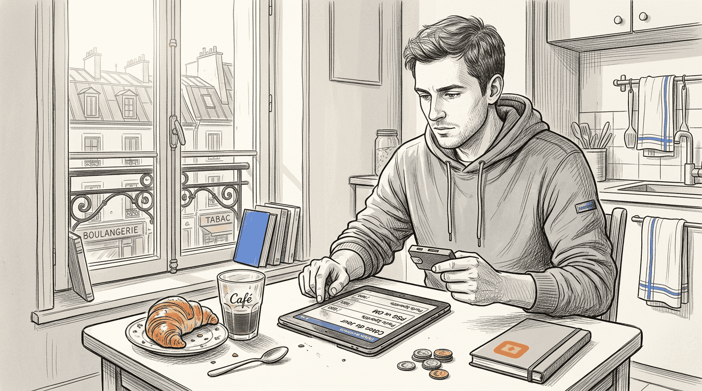 Un homme consulte les résultats de ses paris sportifs en cryptomonnaie, installé à la table de sa cuisine.