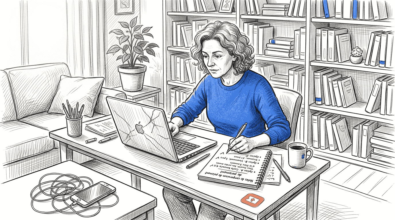 Une femme examine les différentes solutions de paiement en cryptomonnaie sur son ordinateur portable, cherchant la meilleure option pour ses achats en ligne.