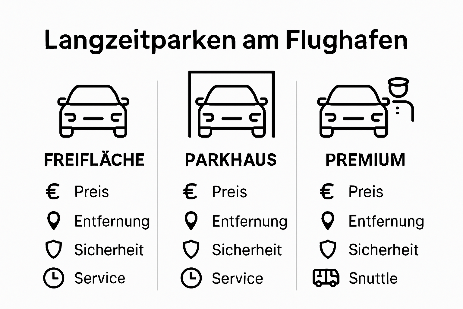 Vergleich der Dauerparkplatztypen am Flughafen