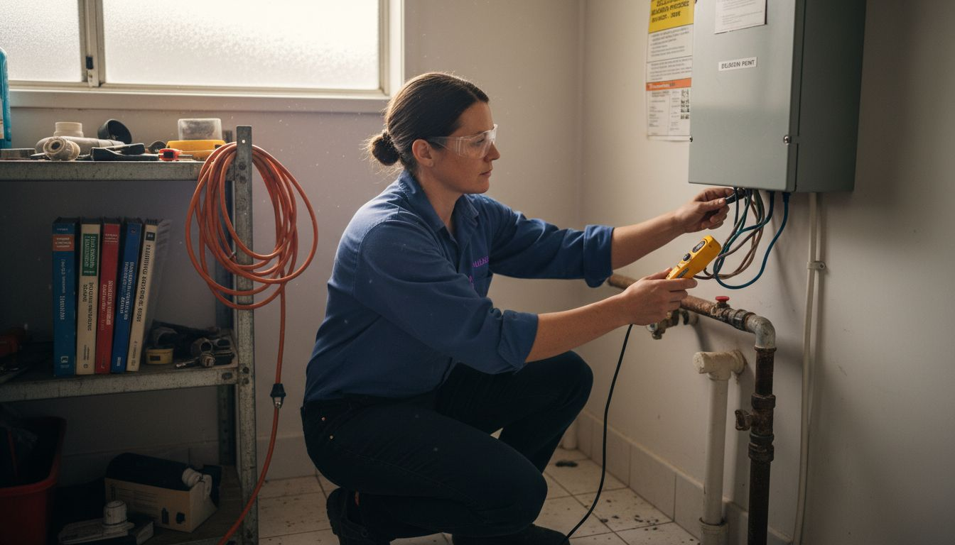 Plumber testing hot water system power supply