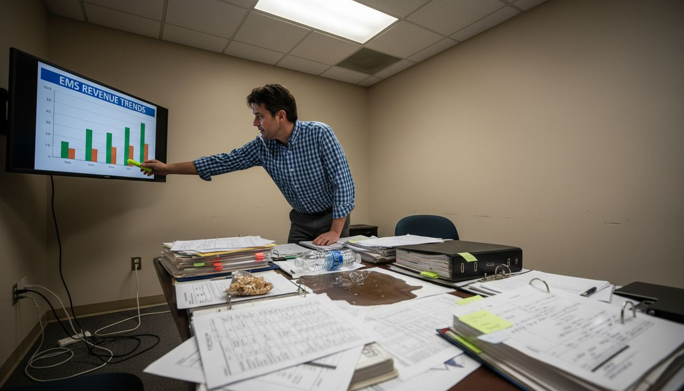 Consultant reviewing EMS revenue data chart