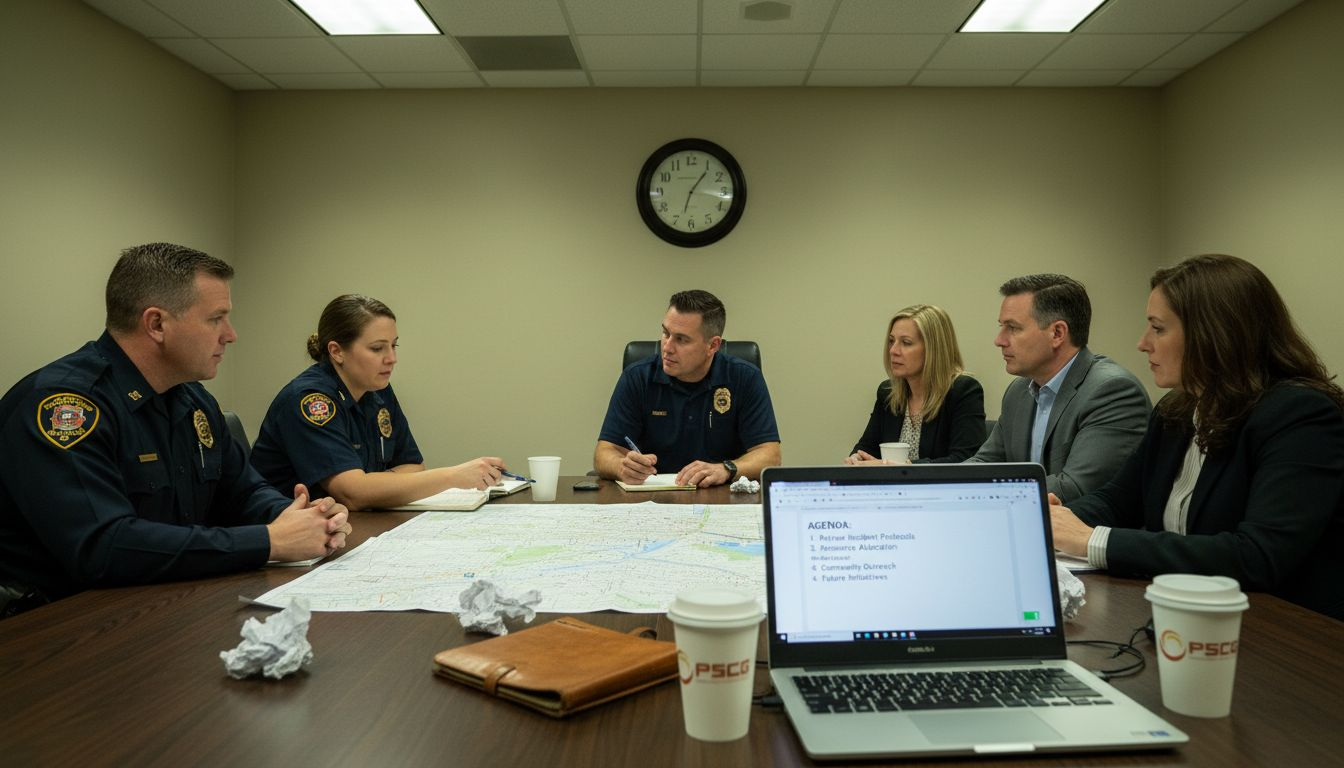 Public safety agencies collaborating at meeting table