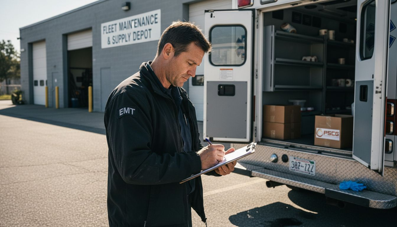 Paramedic checking ambulance for supply shortages
