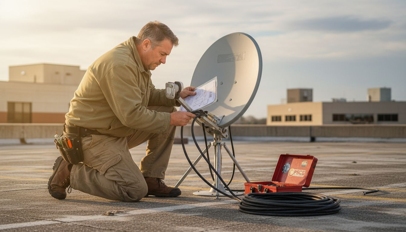 Technician setting up rooftop satellite backup