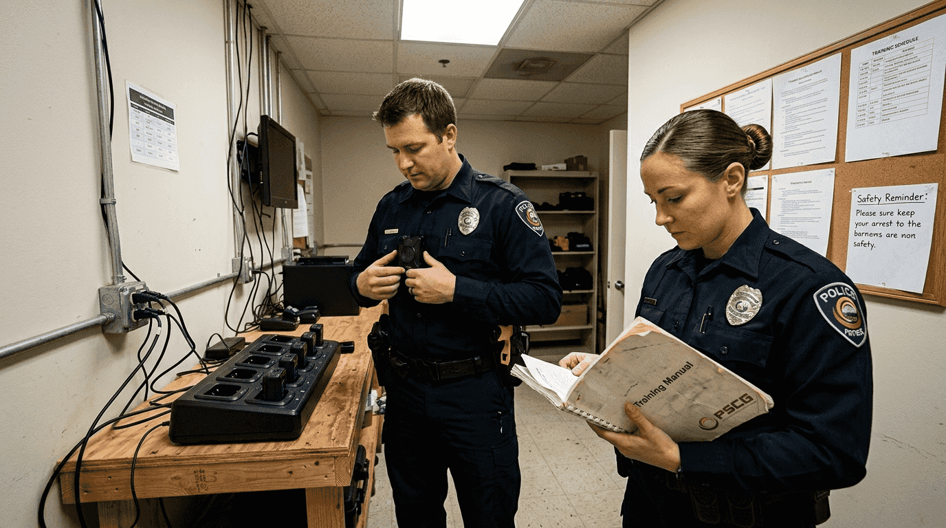 Officers preparing body cameras in station equipment room