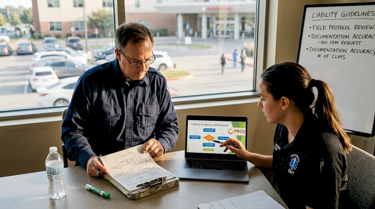 EMS staff reviewing legal guidelines in meeting room