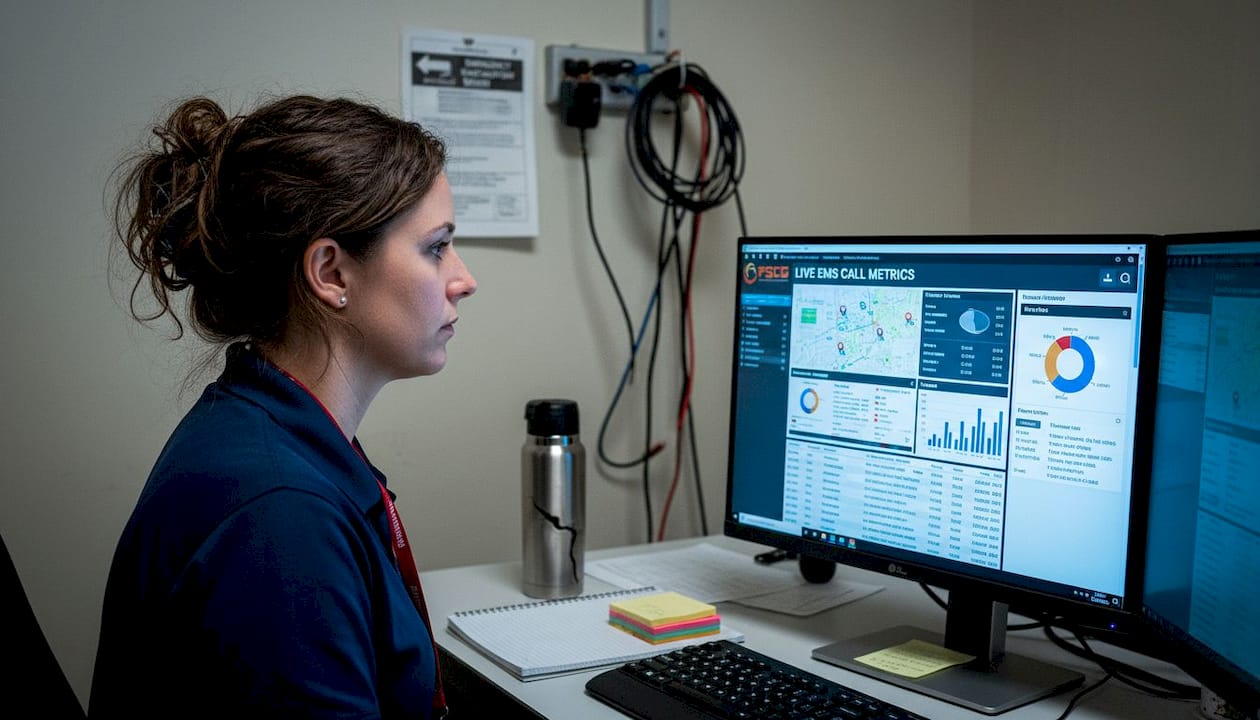 Data analyst reviewing EMS digital dashboard
