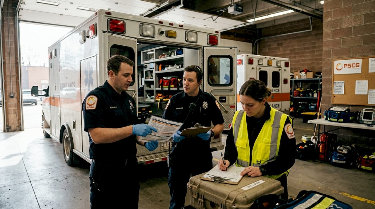 EMS team collaborates beside ambulance in garage