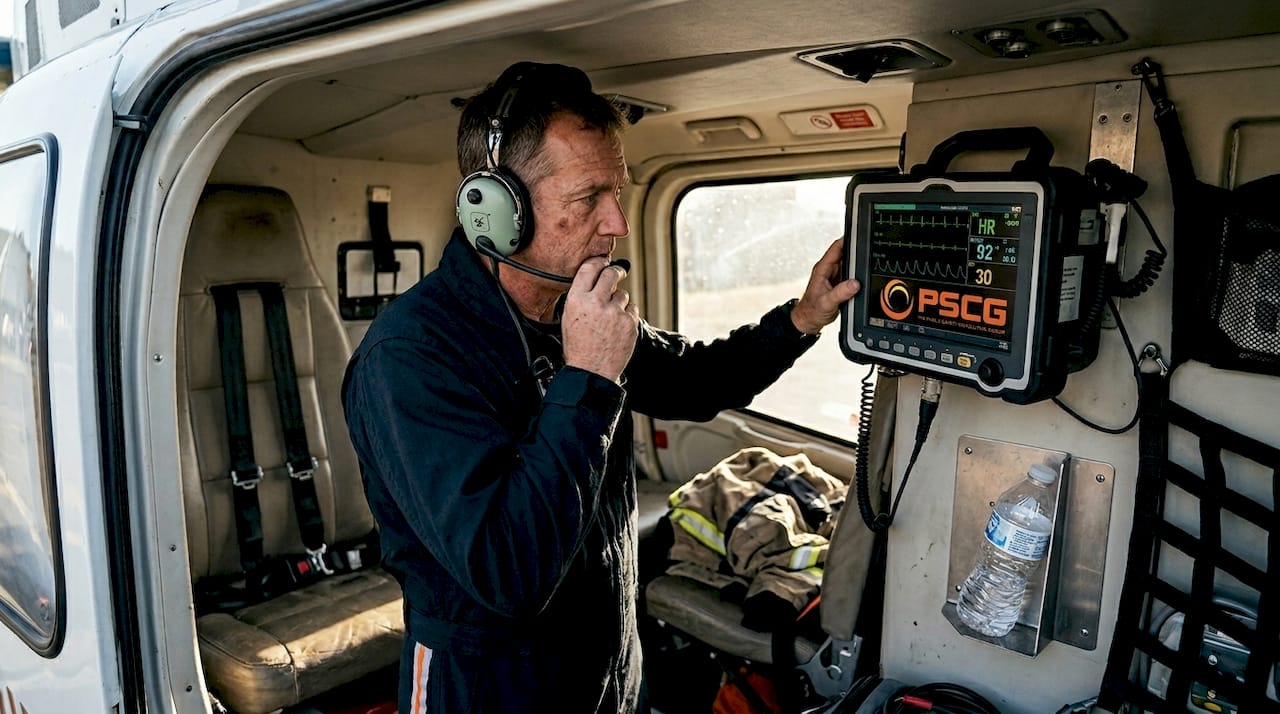 Paramedic using telemedicine inside helicopter