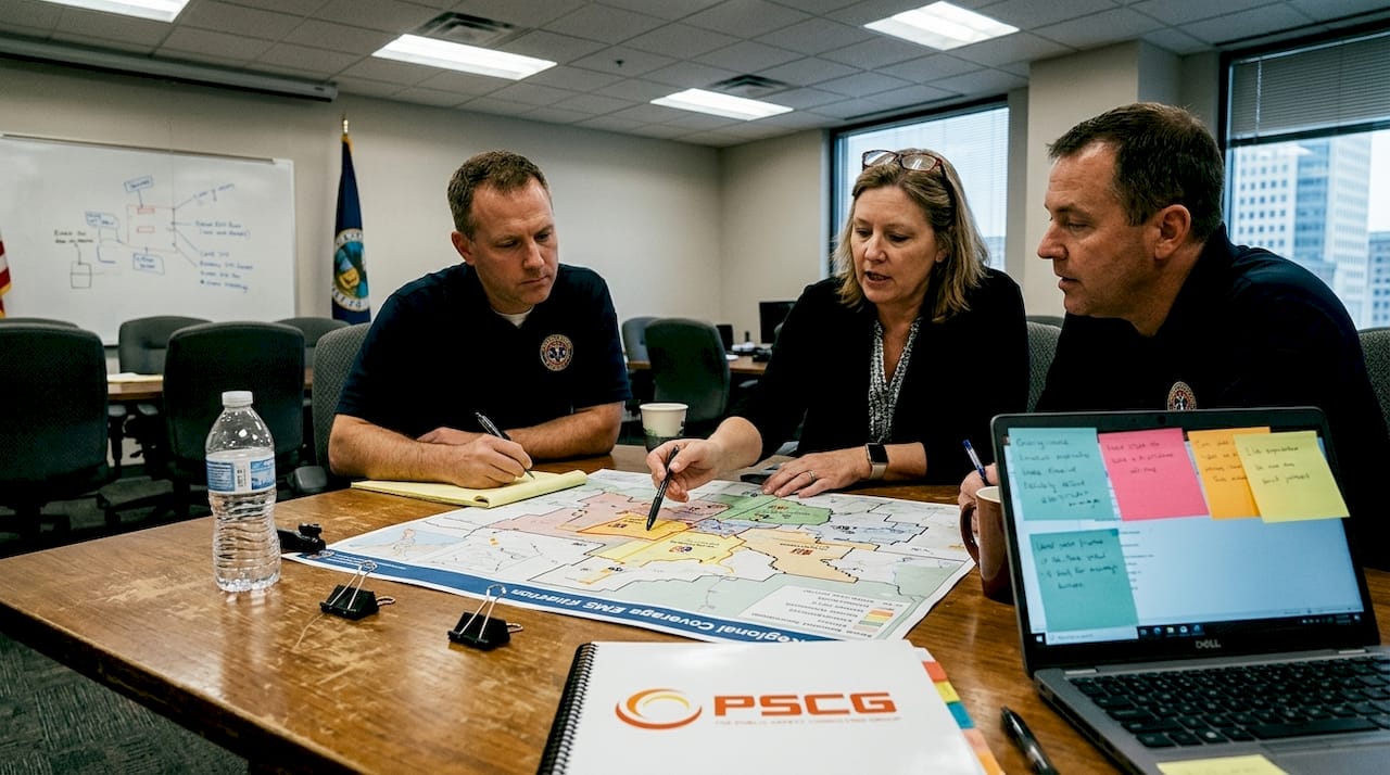 EMS leaders discussing regional coverage map