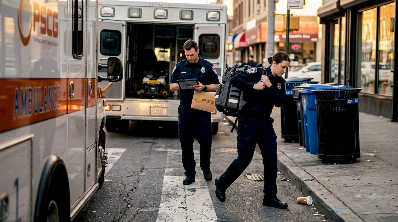 EMTs leaving ambulance for urban emergency call
