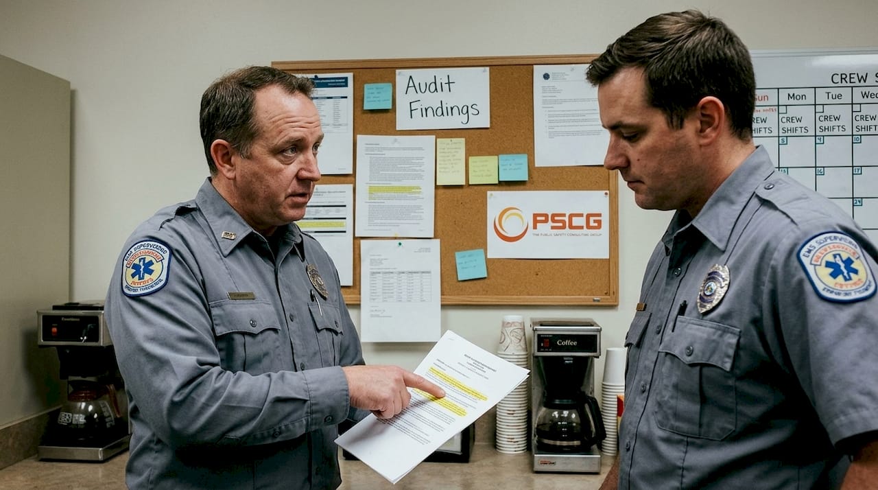 EMS supervisors reviewing audit findings bulletin