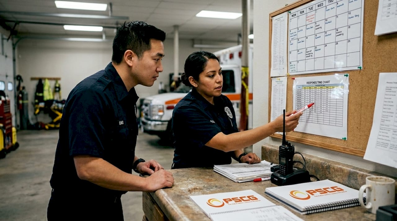 Paramedics studying EMS benchmark chart