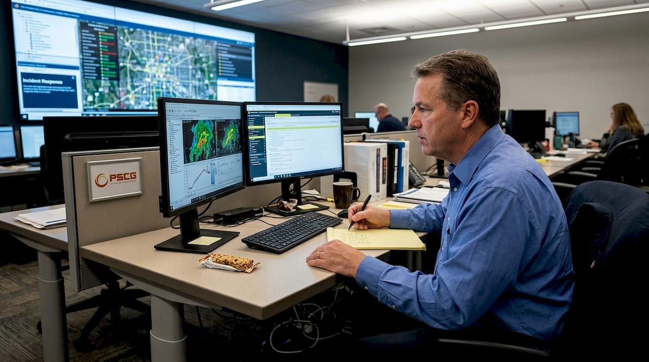 Staff member monitors emergency center technology screens
