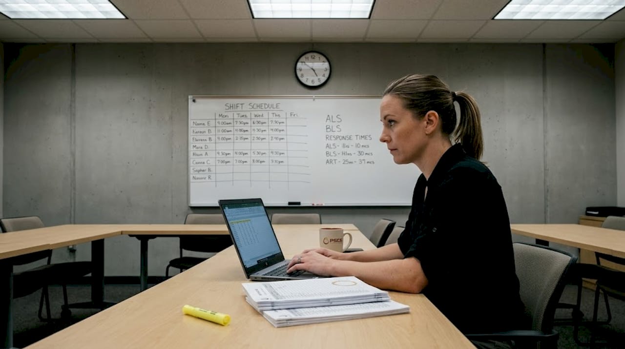 Analyst entering EMS operational data into laptop