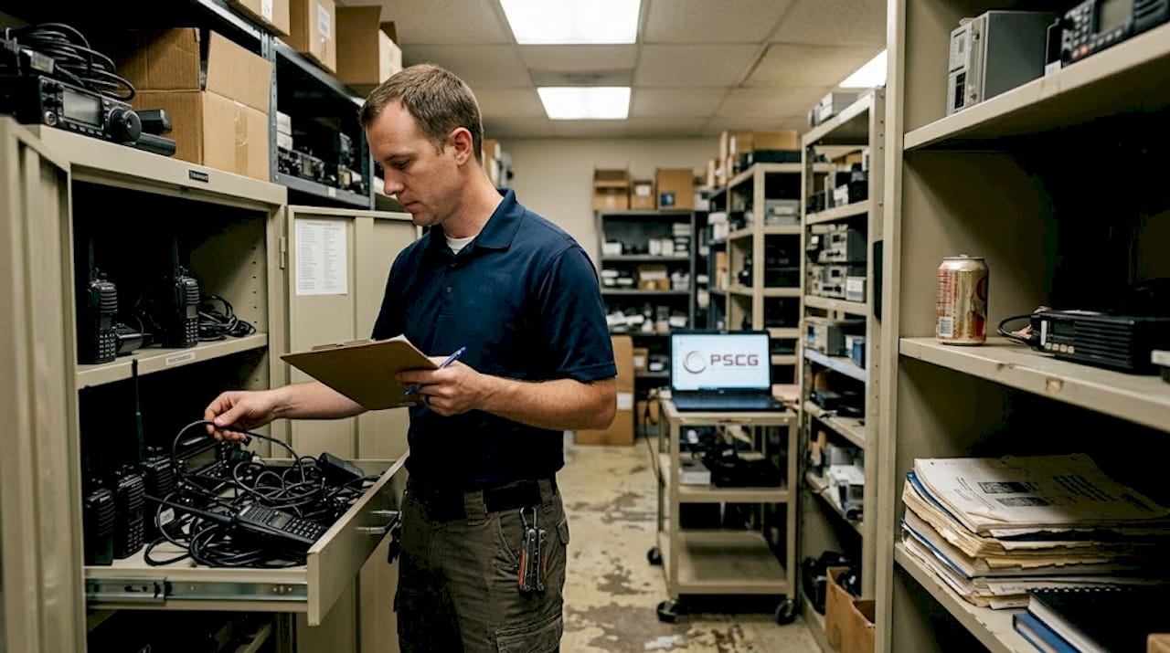 Technician checking public safety radio equipment