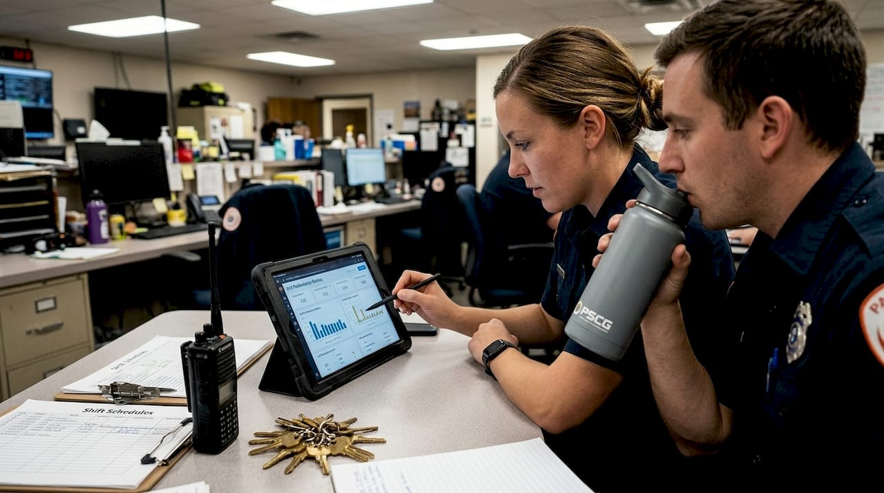 Paramedics reviewing EMS performance dashboard