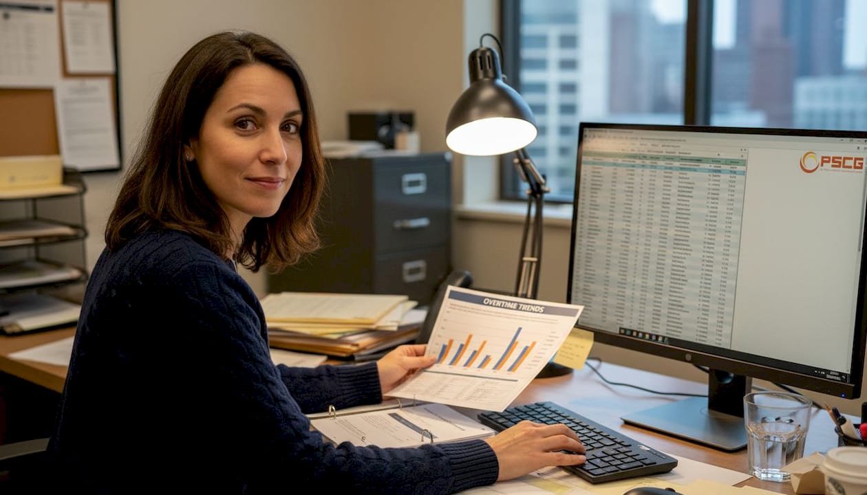 HR manager reviewing fire overtime records