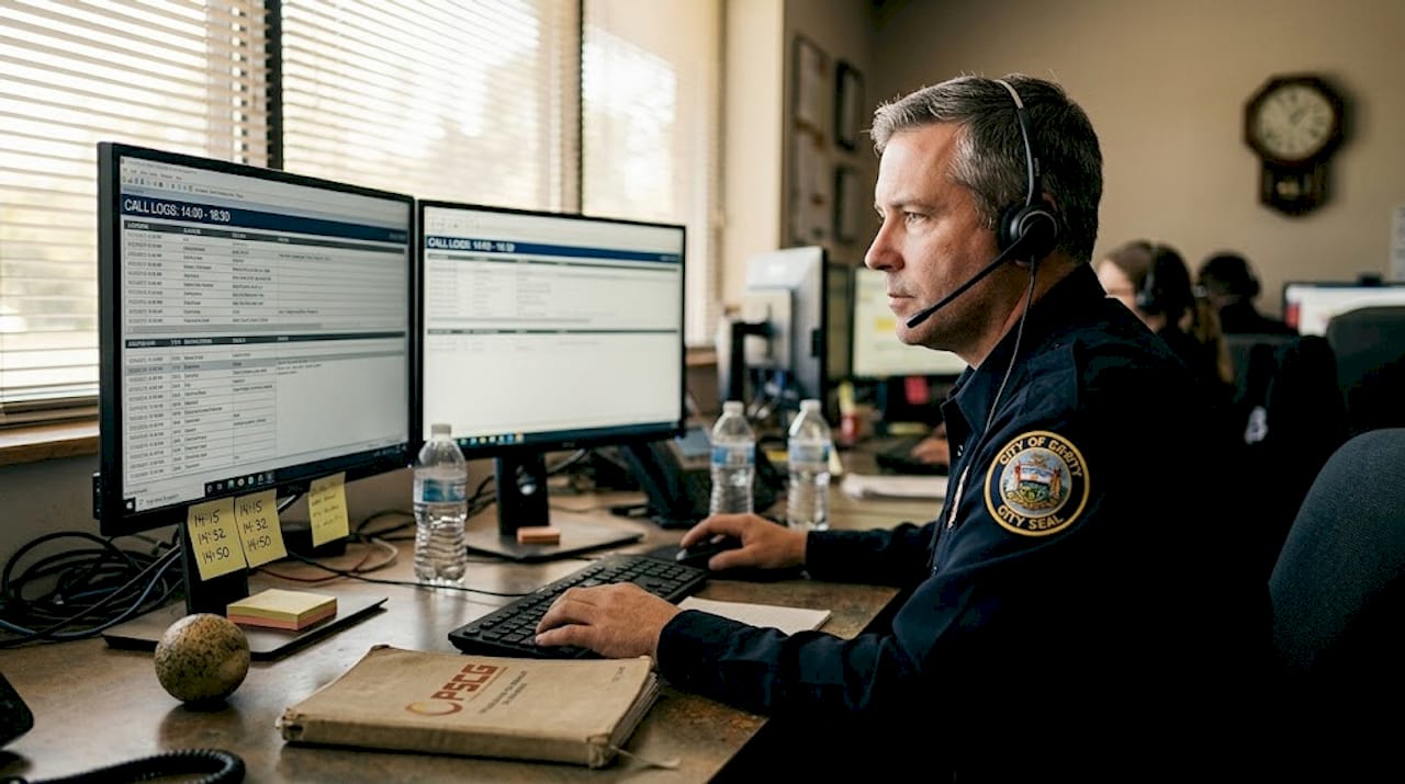 Dispatcher checking call logs at desk