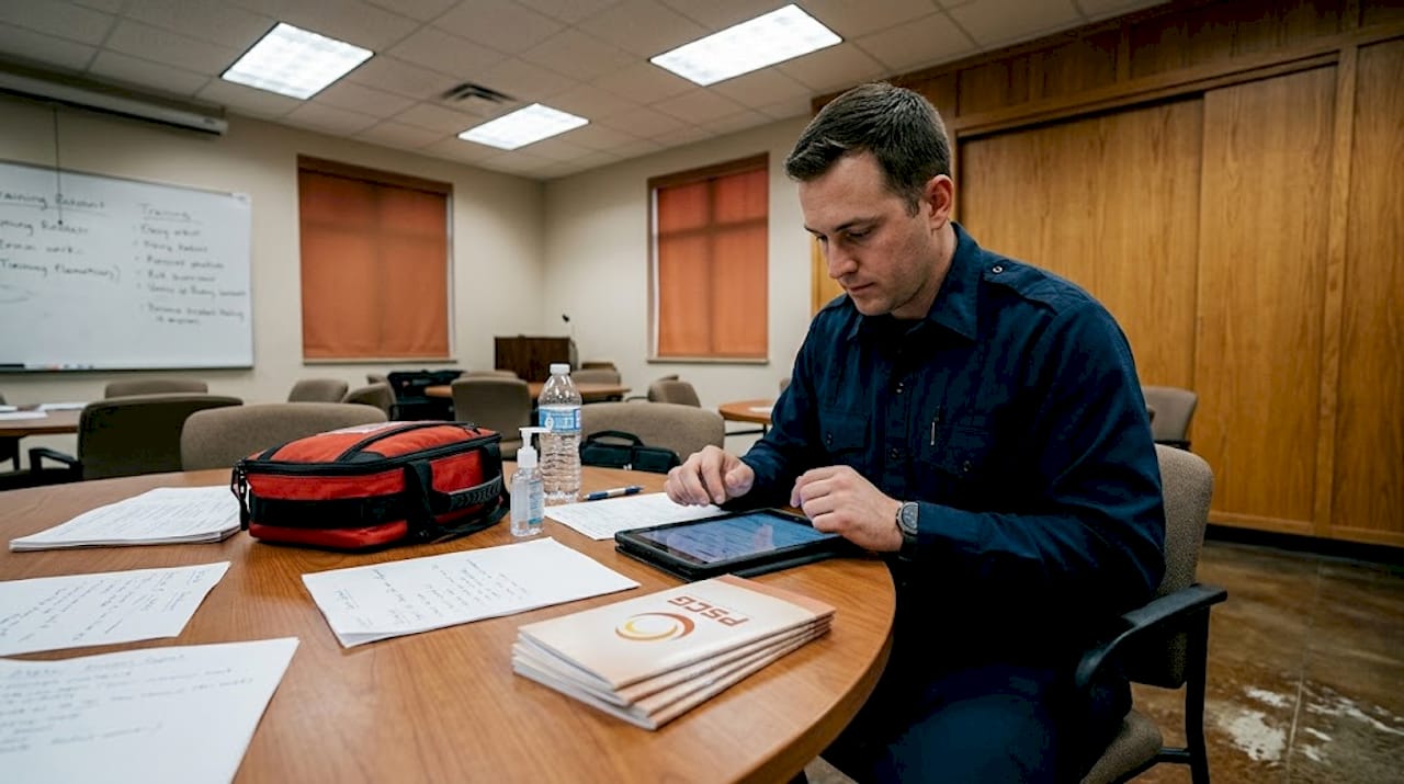 Paramedic reviewing incident report in meeting room