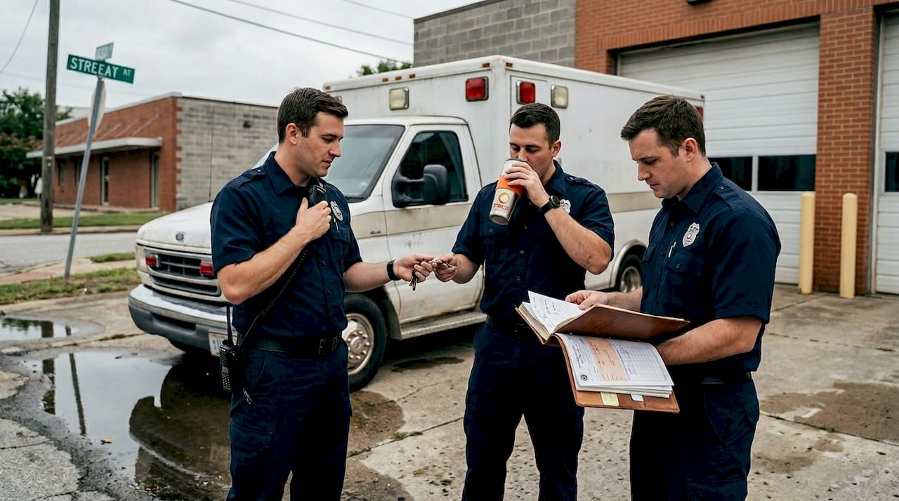 Paramedics doing ambulance shift change outdoors