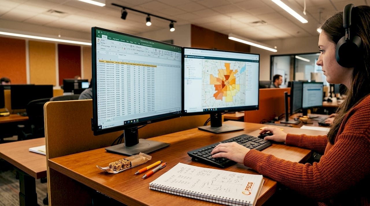 Data analyst working with EMS data on computer