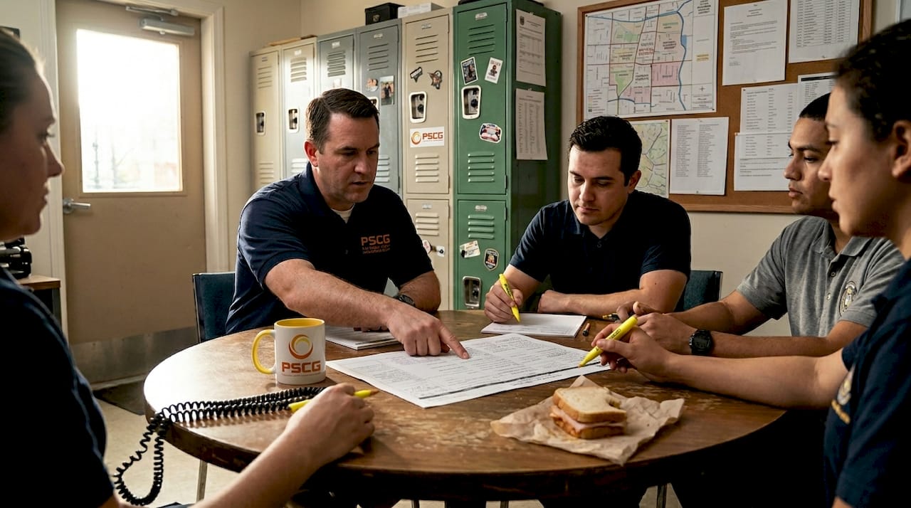 Team reviews call report in break room