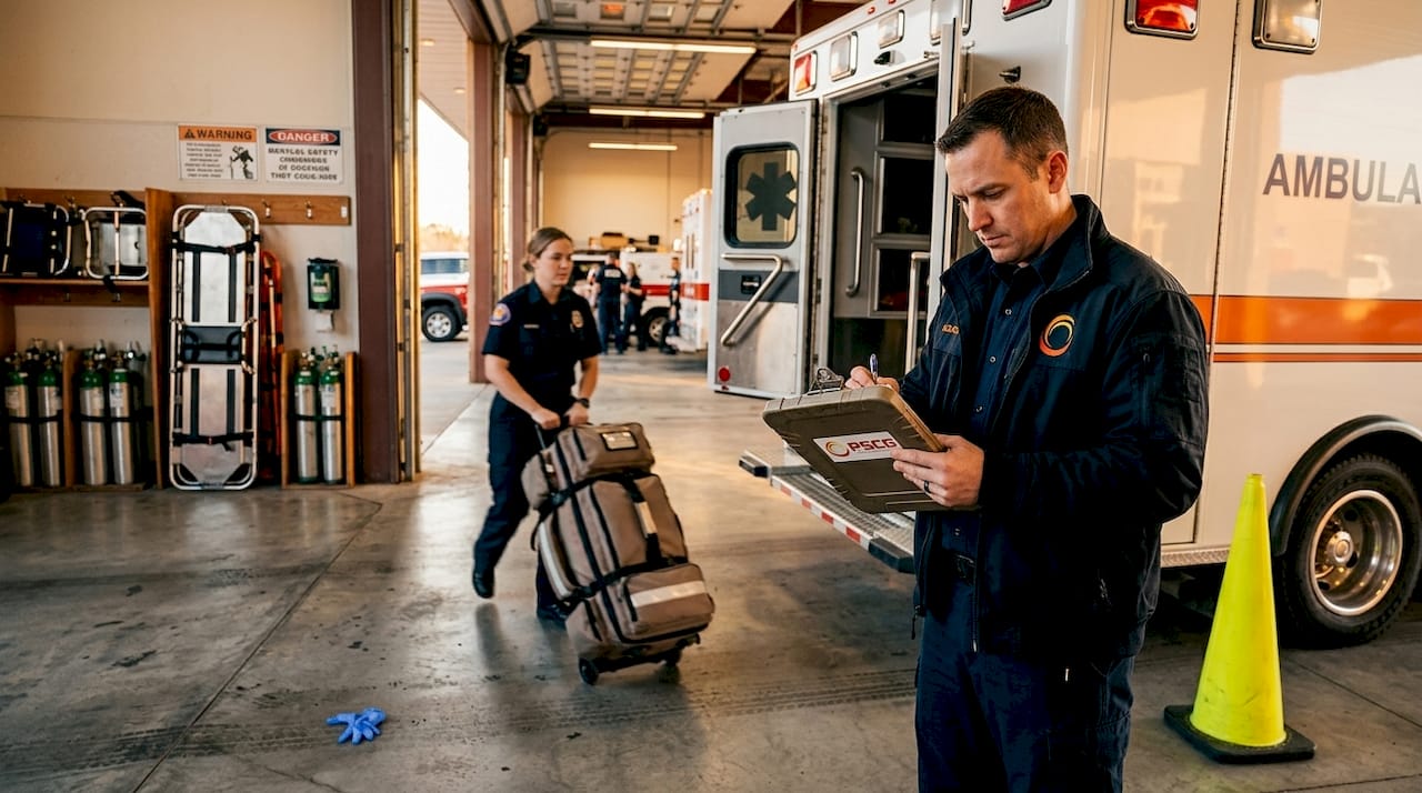 Supervisor reviewing ambulance and EMS staff prep