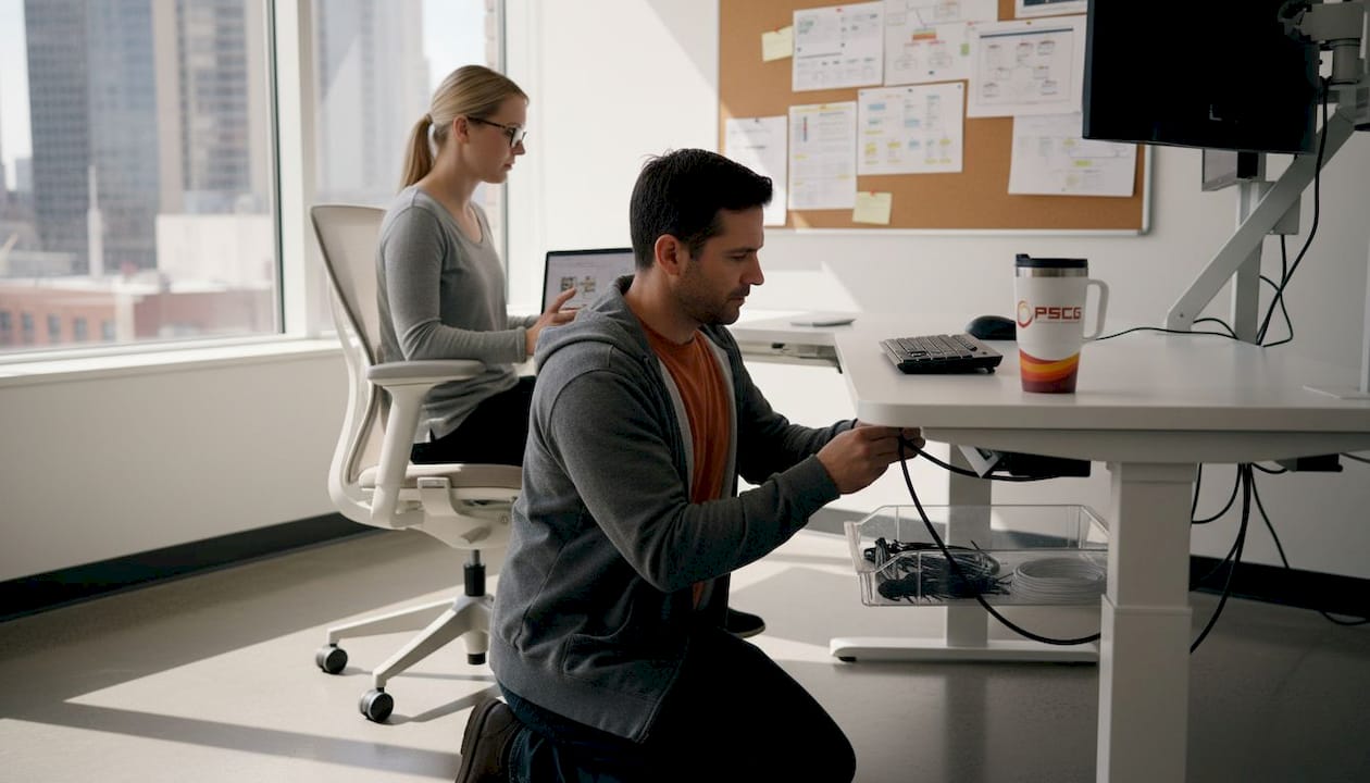 Technician testing ergonomic dispatch console setup