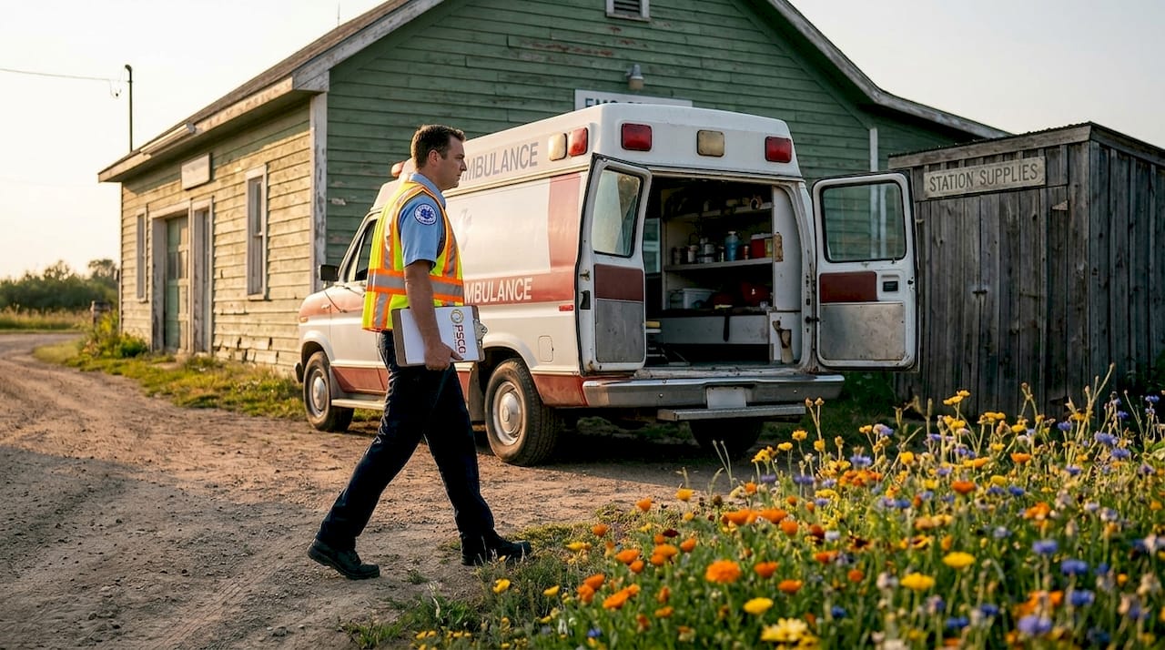 Rural ambulance station with paramedic and vehicle