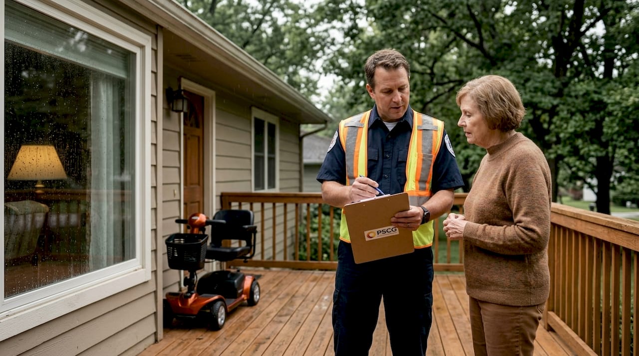 EMS professional interviewing caregiver on porch