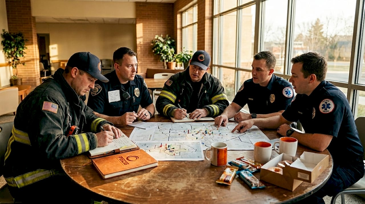 Emergency responders planning around conference table