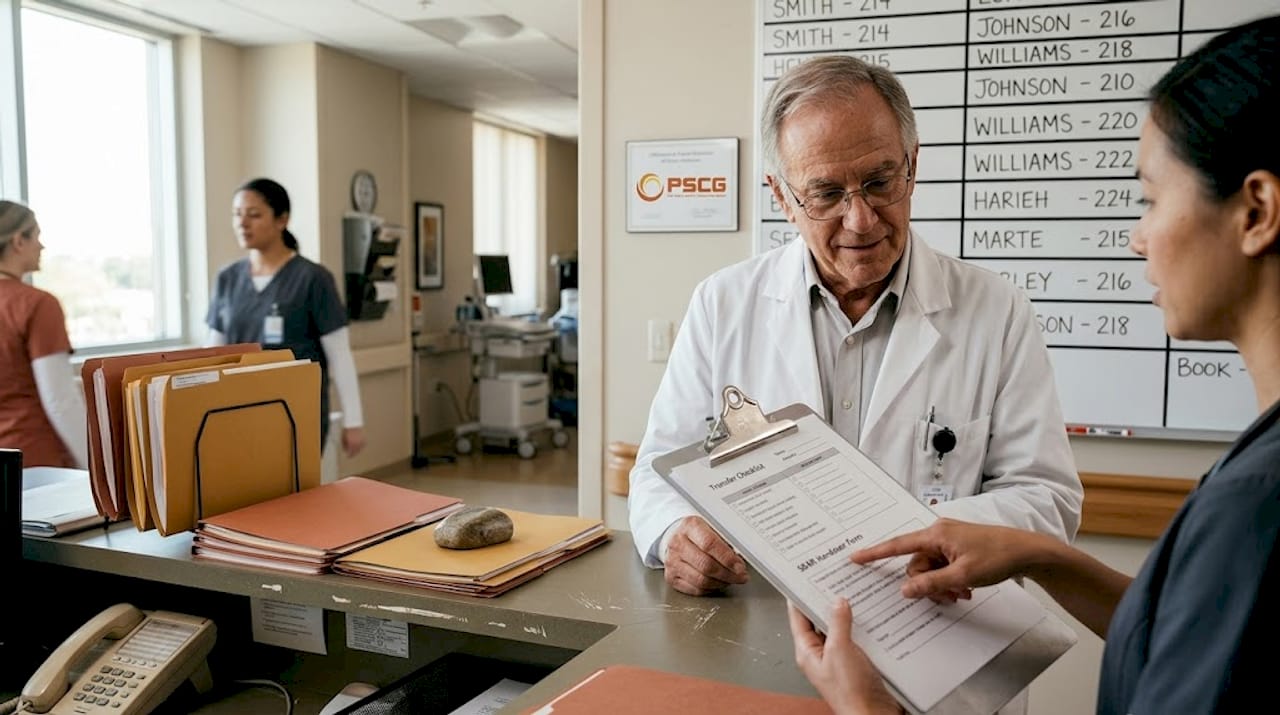 Physician and nurse reviewing SBAR checklist at desk