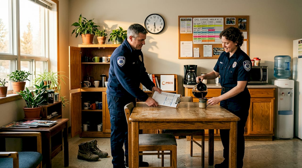 EMS crew at shift change in station kitchen
