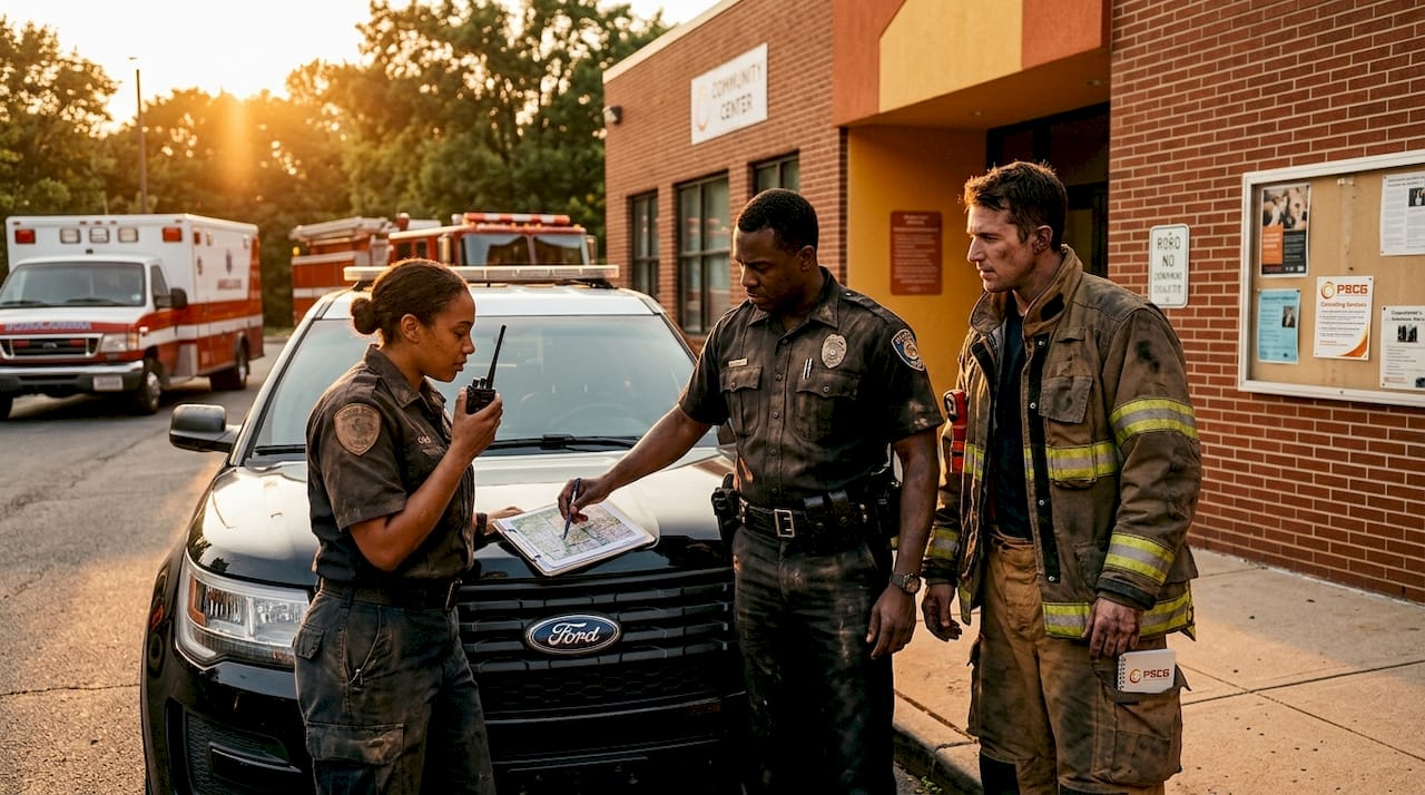First responder team collaborating outdoors