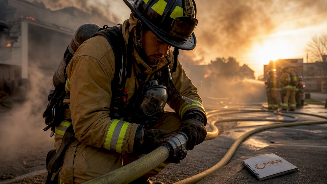 Firefighter positioning hoseline during fireground operation