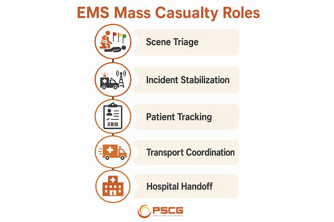 Infographic showing EMS roles in mass casualty incidents stepwise
