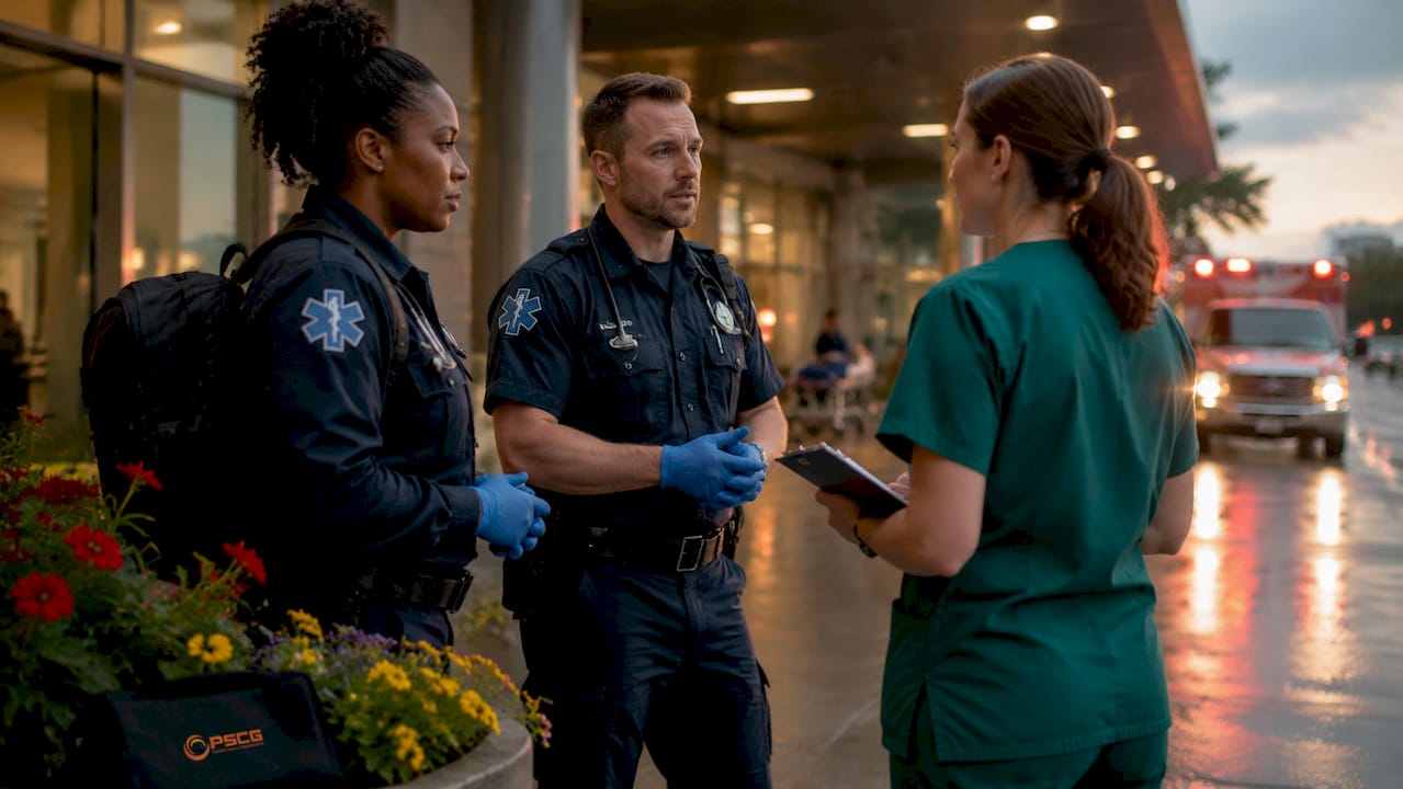 EMS team handing off patient to emergency nurse