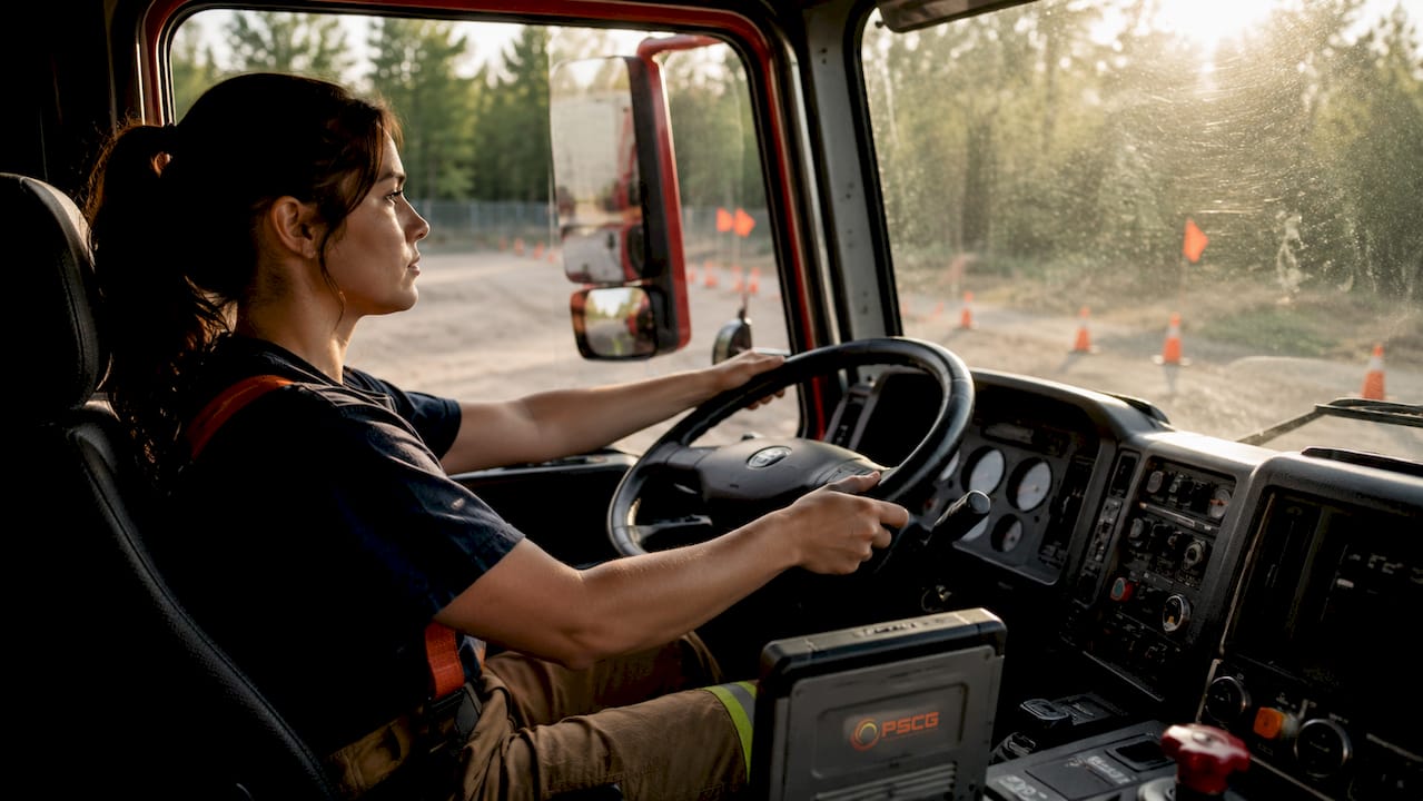 Female driver during emergency vehicle driving test
