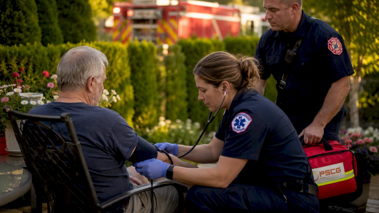 Firefighter-paramedics assisting patient outdoors during EMS call